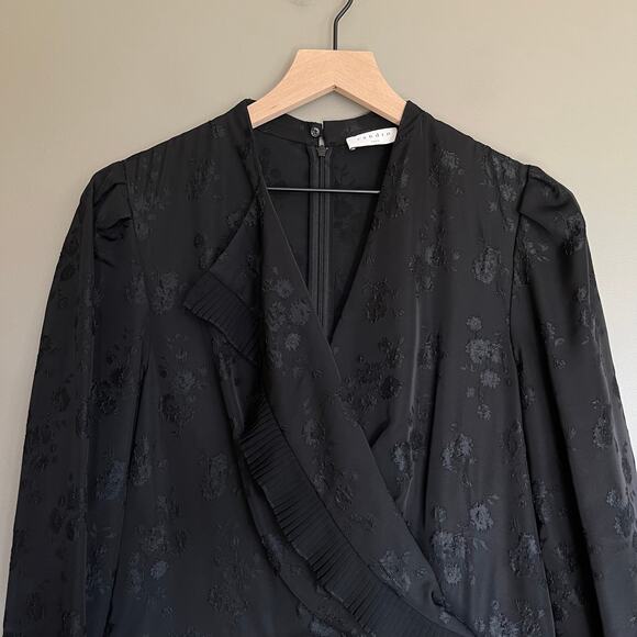 Sandro Wells Dress Black Jacquard Size 8 Long Sleeve Wrap Pleated Chic French - Picture 6 of 16